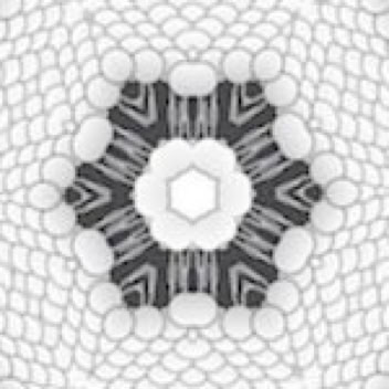 The image is an original kaleidoscopic depiction of a cell with a stylized benzine ring. A benzine ring is a basic component of several organic compounds.